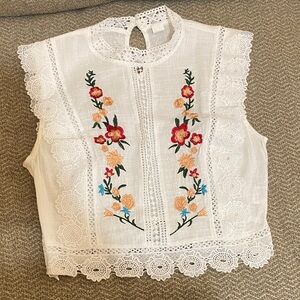 Embroidered Floral Lace Trim Top - White